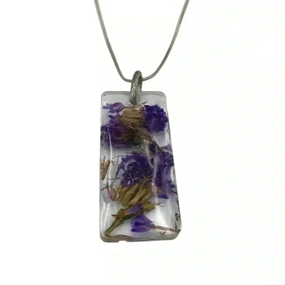 Dried Flowers Forget-Me-Not Resin Dog Tags Statement Neckace Silver Plated chain - Picture 1 of 6